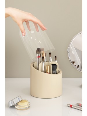 Dovi Home Krem Renkli Diamond Makyaj Fırçası ve Hijyenik Düzenleyici Şeffaf Kapaklı Organizer