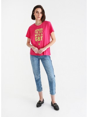 Aeropostale Bisiklet Yaka Baskılı Fuşya Kadın T-Shirt Zeda10