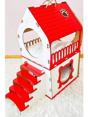 Mavi Trend Dekoratif Ahşap Kedi Evi Teraslı 2 Katlı Merdivenli Kedi Evi Kırmızı - Beyaz
