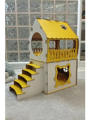 Mavi Trend Dekoratif Ahşap Kedi Evi Teraslı 2 Katlı Merdivenli Kedi Evi Sarı - Beyaz