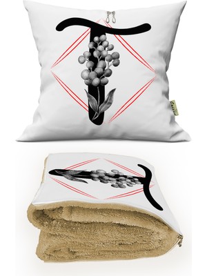 Caisya Home T Harfi Baskılı Kişiye Özel Opsiyonel Battaniyeli Yastık 2 In 1