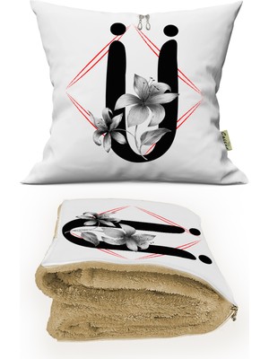 Caisya Home Ü Harfi Baskılı Kişiye Özel Opsiyonel Battaniyeli Yastık 2 In 1