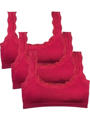 Royaleks 3 Adet Dantel Nakış İşlemeli Pedli Bambu Kadın Büstiyer Bordo