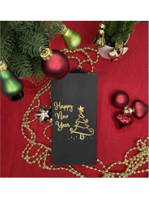 Kidspartim Gold Yaldızlı Siyah Happy New Year Çam Ağacı Peçete