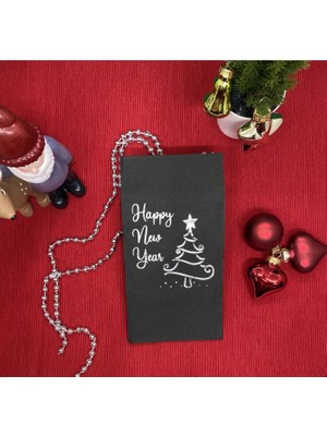 Kidspartim Gümüş Yaldızlı Siyah Happy New Year Çam Ağacı Peçete