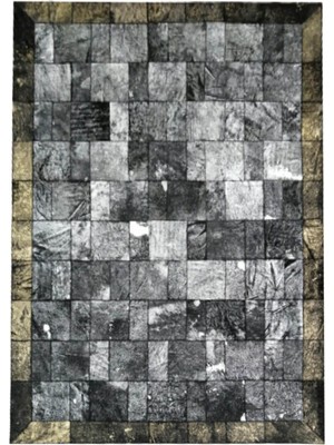 Dericibey Gümüş Varaklı Siyah Dana Derisi Patchwork Halı 120 x 180 cm