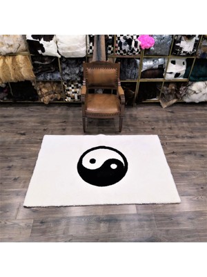 Dericibey Krem ve Beyaz Renk Ying Yang Peluş Halı 120 x 180 cm - Krem