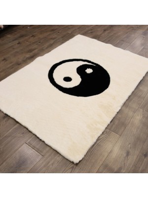 Dericibey Krem ve Beyaz Renk Ying Yang Peluş Halı 120 x 180 cm - Krem