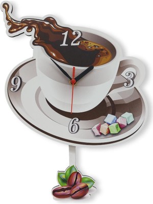 CajuArt Kahve Fincan Resimli Sallanan Sarkaçlı Oval Mutfak Duvar Saati Ahşap Malzeme ile