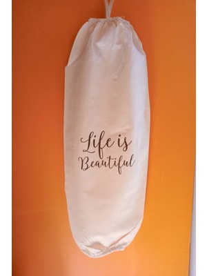 Emtory Home Life Is Beautiful Baskılı Çift Lastikli Naturel Keten Poşetlik - Mutfak Düzenleyici
