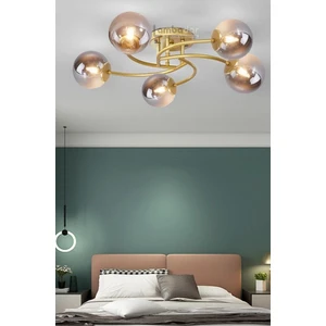 Luxury Model Plafonyer Beşli Gold Modern Füme Camlı Avize