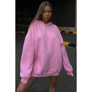 Pembe Kapüşonlu Şardonlu Oversize Sweatshirt MG1566