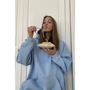 Mavi Kapüşonlu Şardonlu Oversize Sweatshirt MG1566