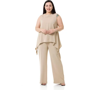 Disentis Modest Büyük Beden Bluz Pantolon Bej Rengi Takım