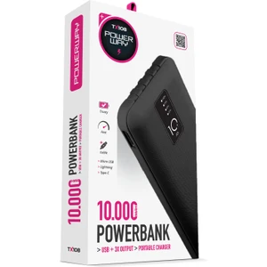 10.000 Mah Kablolu Dijital Göstergeli Gerçek 10.000 Mah Garantili İnce Tasarım TX108 Siyah Powerbank