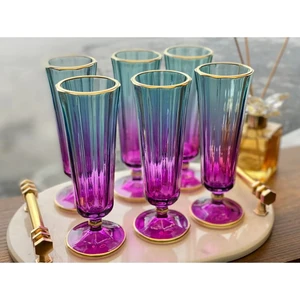 6 Lı Renkli Yaldızlı Cam Kahve Yanı Su Bardağı Flüt Bardak 150ML