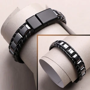 Erkek Hematit Örmeli Deri Bileklik