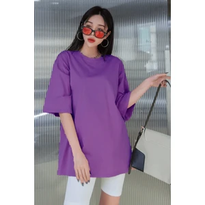 Mor Basic Düz Baskısız Oversize Salas Boyfriend Kadın T-Shirt