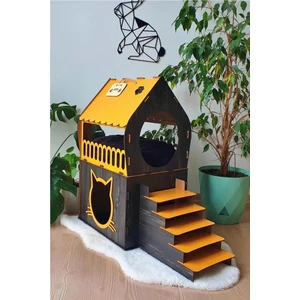 Mavi Trend Dekoratif Ahşap Kedi Evi Teraslı 2 Katlı Merdivenli Kedi Evi Turuncu - Koyu Kahverengi