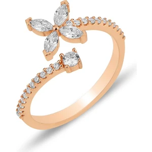Söğütlü Silver Gümüş Rose Zirkon Taşlı Dört Yapraklı Yonca Ayarlamalı Yüzük