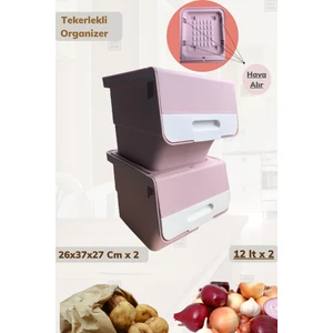 2’li Tekerlekli Organizer BPA Free Erzak Kutusu Sebzelik Soğanlık Oyuncaklık Pembe 24 Lt