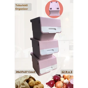 3'lü Tekerlekli Sebzelik BPA Free Soğanlık Oyuncaklık Organizer Beyaz Pembe 12 Lt