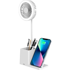 SL-M9055 Beyaz Typec 10W Kablosuz Şarj Cihazı Fanlı Kalemlikli Masa Lambası