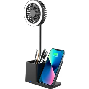 SL-M9055 Siyah Typec 10W Kablosuz Şarj Cihazı Fanlı Kalemlikli Masa Lambası