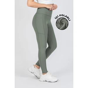 The Step Sports Kadın Çağla Yeşili Fitilli Kışlık Içi Polarlı Cepli Yüksek Bel Bilek Hizası Tayt 25"