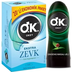 Ekstra Zevk Ekstra Kayganlaştırıcılı Prezervatif 20’li + Okey Masaj Jeli Ginseng 200 ml