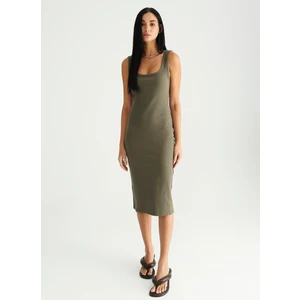 Haki Kadın Kolsuz Midi Basic Fitilli Kare Yaka Elbise MARSE