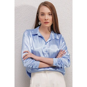 3964 Hafif Dökümlü Saten Gömlek - Mavi10