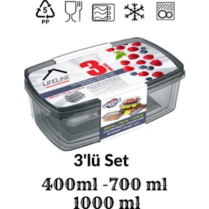 Life Line Dikdörtgen Sızdırmaz Gıda Erzak Saklama Kabı 3'lü Set 400 ml + 700 ml + 1000 ml