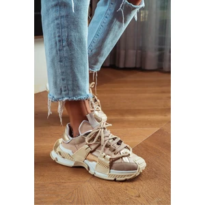 Nişantaşı Shoes Oslo Bej Mat Bağcık Detaylı Kalın Taban Kadın Spor Ayakkabı