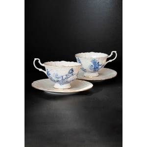 Bursa Porselen Dekor Mavi Ingiliz Altın Yaldızlı Bone 2 Kişilik Çay Fincan Takımı