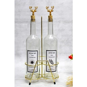 2 Adet Şeffaf Yağlık Geyik Figürlü Akıtmaz Mantar Tıpalı 750ML Yağdanlık ve Altın Stant