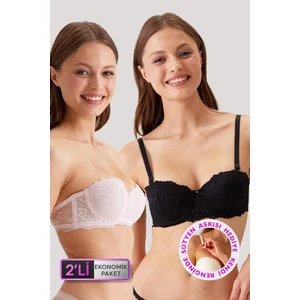 Pierre Cardin 2'li Ekonomik Paket Pudra-Siyah 6203-2 Balenli Destekli Straplez Dantelli Sütyen Set