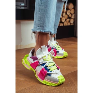 Nişantaşı Shoes Oslo Neon Yeşil Fuşya Mat Bağcık Detaylı Kalın Taban Kadın Spor Ayakkabı