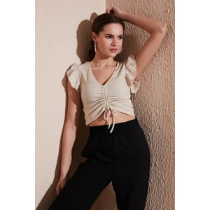 Büzgü Detaylı Kolları Fırfırlı Dar Kesim Crop Bluz Bayan Bluz 5865015