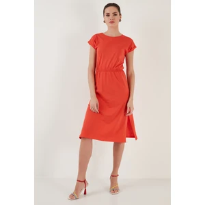 Pamuklu Kısa Kollu Çift Yırtmaçlı Midi Elbise Bayan Elbise 5864205