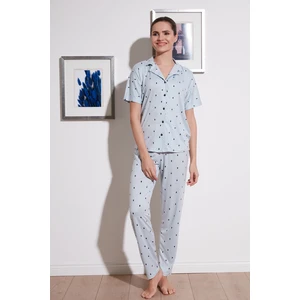 Desenli Kısa Kollu Beli Lastikli Gömlek Yaka Dokuma Pijama Takım Bayan Pijama Takımı 6097515