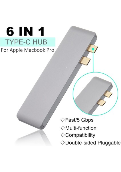 6 In 1 Type - C Hub Adaptörü 2 USB 3.0 Sd Tf Kart Okuyucu Macbook Gray İçin Şarj (Yurt Dışından)