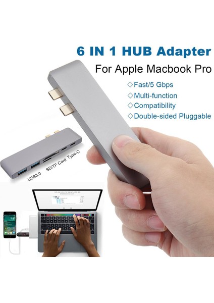 6 In 1 Type - C Hub Adaptörü 2 USB 3.0 Sd Tf Kart Okuyucu Macbook Gray İçin Şarj (Yurt Dışından)
