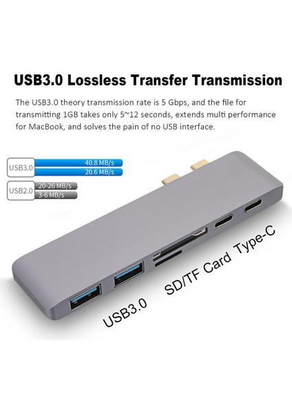 6 In 1 Type - C Hub Adaptörü 2 USB 3.0 Sd Tf Kart Okuyucu Macbook Gray İçin Şarj (Yurt Dışından)