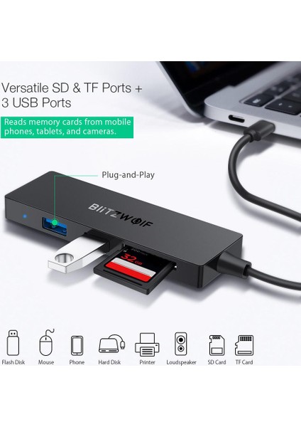 Blitzwolf Bw - Th4 5'i 1 Arada Tip - C'den 3 Bağlantı Noktalı USB 3.0 Sd Tf Kart Okuyucu Veri Merkezi Siyah (Yurt Dışından)
