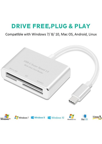 Bakeey Universal 3 1 Type - C USB 3.0 Cf Kart Flash Hafıza Kartı Telefon İçin Tf Kart Okuyucu (Yurt Dışından)