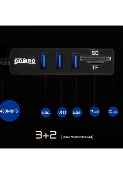 USB Hub Combo 3 Bağlantı Noktalı Yüksek Hızlı USB 2.0 Hub Ayırıcı 2'si 1 Arada Sd/Tf Kart Okuyucu (Yurt Dışından)