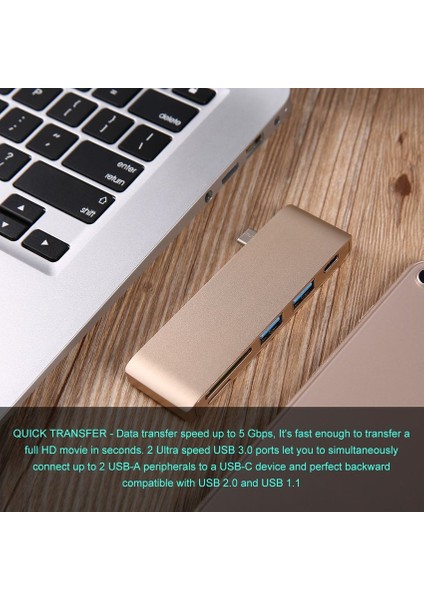 Bs 5'i 1 Arada 5port Alüminyum Çok Işlevli Type - C Kart Okuyucu ve Hub USB Hızlı Şarj (Yurt Dışından)