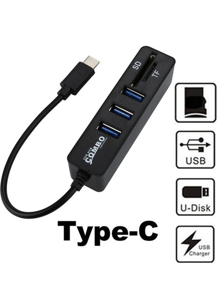 In 1 Type - C Otg USB 2.0 Hub Splitter Combo 3 Port & Sd/Tf Kart Okuyucu Adaptörü Çoklu Splitter USB - C Macbook Pc Drop Black (Yurt Dışından)