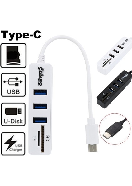 In 1 Type - C Otg USB 2.0 Hub Splitter Combo 3 Port & Sd/Tf Kart Okuyucu Adaptörü Çoklu Splitter USB - C Macbook Pc Drop Black (Yurt Dışından)